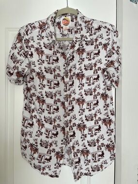 C&C California White Short Sleeve Shirt with Brown Palm & Villa Print